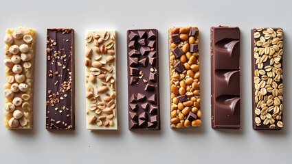 seven chocolate bars, each with a unique topping, arranged in a row