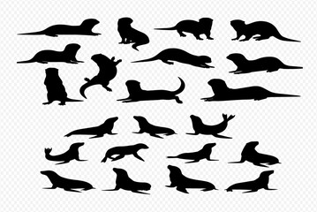A collection of black silhouettes featuring otters and sea lions in various dynamic and static poses on a transparent background.