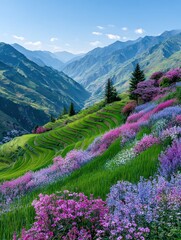 Vibrant terraced rice paddies, mountain range