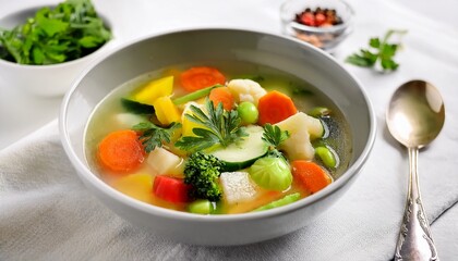 fresh vegetable soup with vibrant colors served in a speckled bowl on a light fabric background generative ai