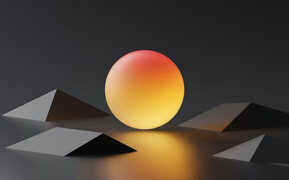 A glowing orange and red sphere illuminated from within, surrounded by sharp grey triangular prisms on a reflective dark surface