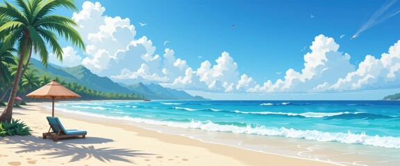 A serene beach scene featuring turquoise waves, palm trees, and a lounge chair under a thatched umbrella, surrounded by lush mountains and a clear blue sky.