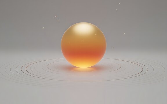 A golden orb with a fiery orange glow at its base, centered on a white surface with concentric rings and scattered light particles - Powered by Adobe