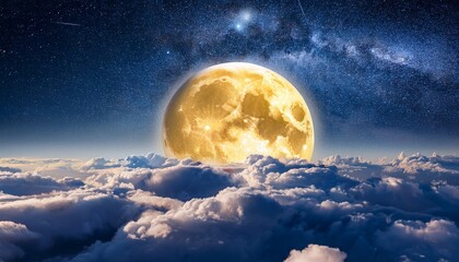 majestic golden moon rising above dramatic clouds under starry night sky