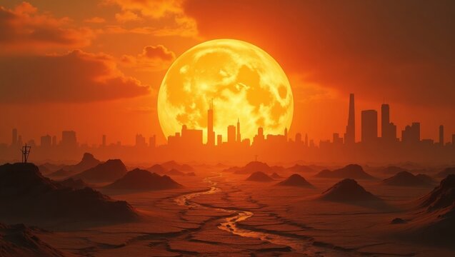 Apocalyptic Cityscape Under a Giant Burning Moon
