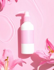 A pink lotion bottle surrounded by pink lilies floats on a soft pink background, creating a serene and aesthetic atmosphere.