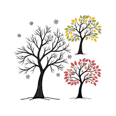 Set of Autumn Trees with Colorful Leaves in Seasonal Nature Illustration