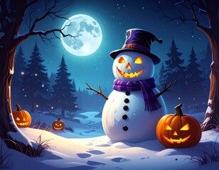 A whimsical snowman wearing a hat and scarf stands in a snowy landscape, surrounded by glowing pumpkins under a full moon.
