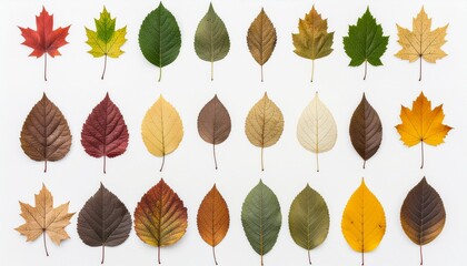 A vibrant collection of diverse autumn leaves showcasing a spectrum of colors and shapes against a clean white background.