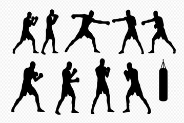 A set of black silhouettes depicting a boxer in various dynamic fighting poses and a punching bag.