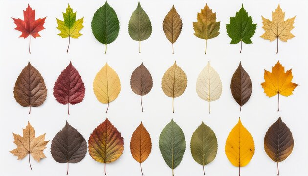 A vibrant collection of diverse autumn leaves showcasing a spectrum of colors and shapes against a clean white background.