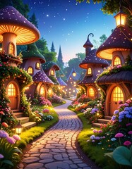 A whimsical fairy-tale village with mushroom-shaped houses, vibrant flowers, and a charming pathway, illuminated by warm lights under a starlit sky.