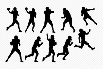 A collection of black silhouettes of American football players in various dynamic action poses such as throwing, running, and catching.