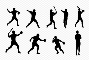 A collection of black silhouettes depicting baseball players in various dynamic action poses like pitching, batting, and fielding.