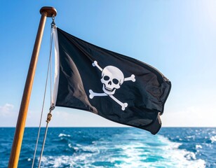 Waving Pirate Flag on Ship Mast at Sea