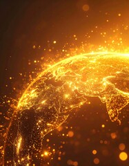 A glowing representation of Earth, illuminated with golden lights, depicting a vibrant, interconnected world.