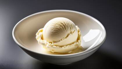 scoop of vanilla ice cream sits elegantly on simple white bowl emphasizing its texture and creaminess