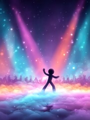 Obraz premium Colorful digital illustration of a stick figure dancing on a cloud stage lit by vibrant spotlights