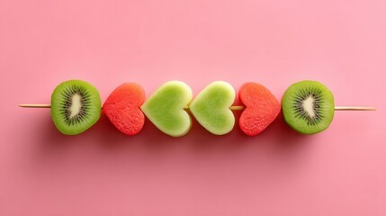 Heart-Shaped Fruit Kebabs with Watermelon and Kiwi on Pink Background