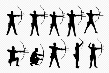 A collection of ten black silhouettes of an archer in various poses with a bow and arrow.