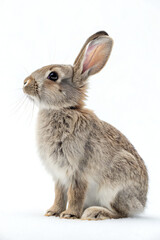 Obraz premium A light brown rabbit sitting upright on a white background looking up softly