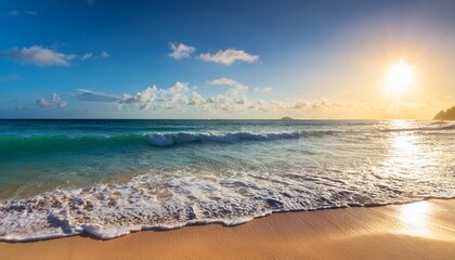 serene ocean scene evokes feelings of joy and peace sunlit waves gently lap the shore a tranquil paradise perfect for travel relaxation and well being themes travel summer wellbeing