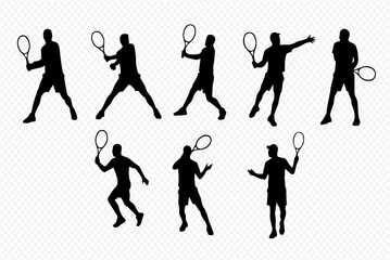 A collection of black silhouettes depicting a male tennis player in various dynamic action poses.