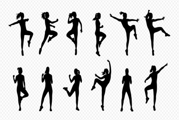 A collection of black female silhouettes in various dynamic and energetic dancing and fitness poses.