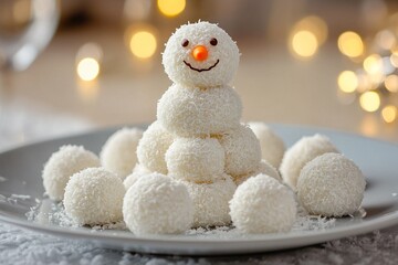 Coconut candies balls stacked in a pyramid in the shape of a snowman with an orange nose and eyes