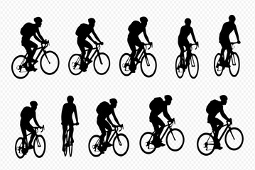 Fototapeta premium A collection of black silhouettes of a cyclist with a backpack riding a bicycle from various angles.