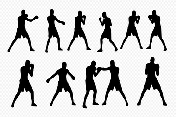 A collection of black boxer silhouettes in various dynamic fighting and punching poses.