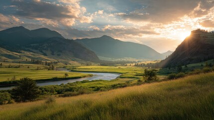 Surreal green landscape featuring a meandering path with humanoid shapes in the hills creating a captivating visual experience for nature lovers