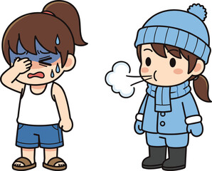PrintCold vs hot weather concept, girl freezing in winter clothes, another sweating in summer outfit, climate contrast