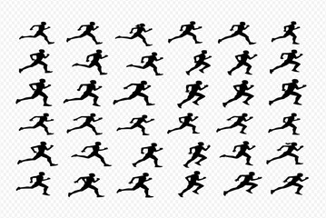 Naklejka premium A grid of thirty-six identical black silhouettes of a person running, creating a repeating pattern.