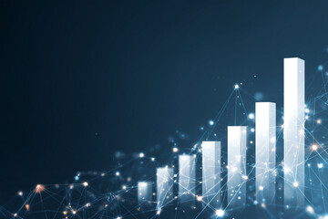 Fototapeta premium Abstract representation of business growth with ascending bar graphs, interconnected glowing nodes symbolizing data flow and KPIs
