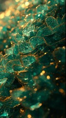  abstract composition dominated by overlapping, scale-like forms in shades of emerald green