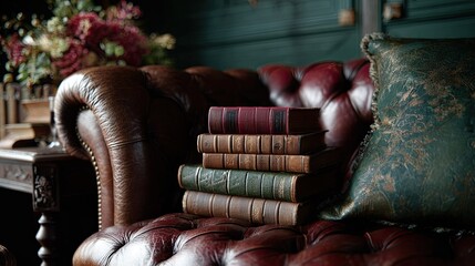 close-up of a British study with vintage books and leather furniture, color tones: forest green, mahogany brown, and deep burgundy