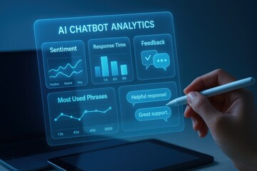 Interactive AI chatbot analytics dashboard showing sentiment analysis, feedback, and most used phrases
