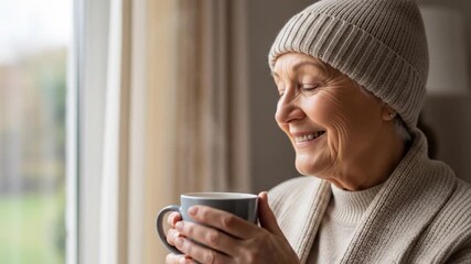 Smiling Senior Woman in Beanie Holding Mug Looks Out Window on a Cloudy Day - Powered by Adobe