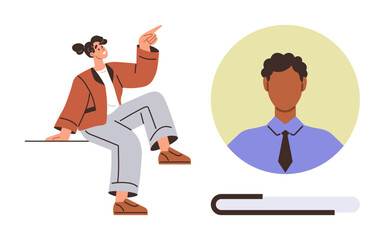 Young woman sitting and pointing toward a profile avatar in a circle over a book. Ideal for education, learning, career guidance, mentorship, human connection, profile creation, simple flat metaphor