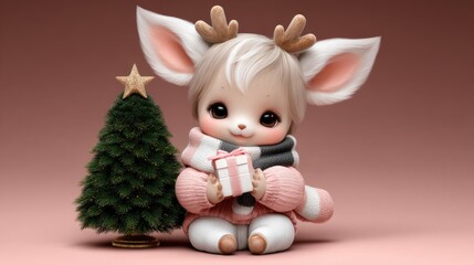 Fototapeta premium Hyperrealistic 3D deer character dressed in a sweater and scarf gently holds a small Christmas tree amid snowflakes on a solid background