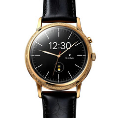 Elegant gold smartwatch with a classic design and black leather strap displaying the time on a transparent background
