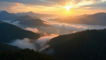 Golden Dawn Breaks Through Misty Peaks, Painting Silence with Light