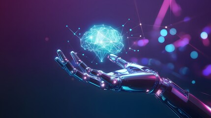Futuristic Robot Hand Holding Digital Brain with Neon Lights
