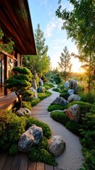 Peaceful zen garden at sunset (1)