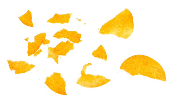 Potato chips crumbs with red paprika  isolated on white background and texture