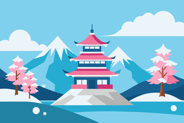 Fototapeta premium Vector illustration of a traditional Japanese house in a winter landscape with snow-covered trees and a starry night sky