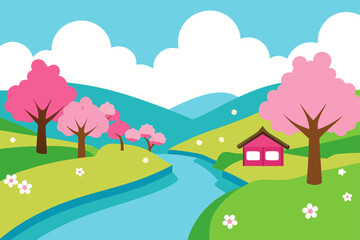 Fototapeta premium Cartoon vector illustration of a rural spring or summer landscape with a house on a green hill, surrounded by trees, fields, and flowers under a clear blue sky