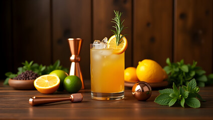 Fototapeta premium Refreshing citrus cocktail with ice and rosemary garnish, presented in a vibrant still life arrangement