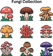 Nine different types of cartoon mushrooms with black outlines